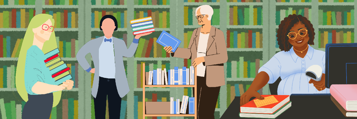 Illustration of diverse library staff and patrons interacting in a library filled with bookshelves