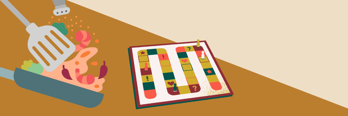 Cooking pot and spoon alongside a game board. 