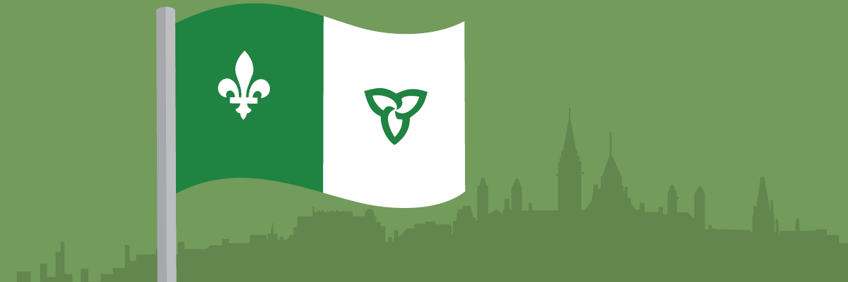 Drapeau franco-ontarien avec le contour du Parlement en arrière-plan