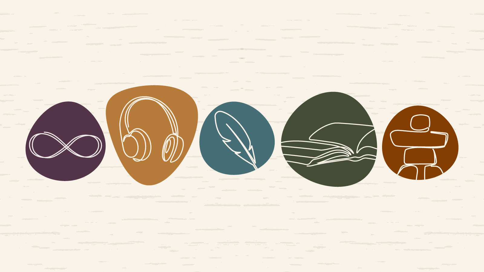 five icons, including feather, book and headphones