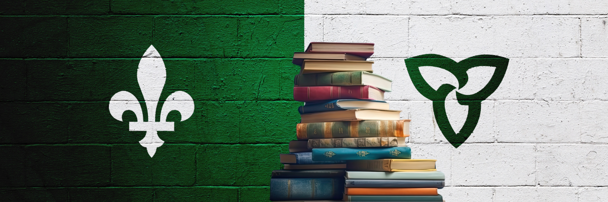 Franco-Ontarian flag in the background with a pile of books at the center/ Drapeau franco-Ontarien en arrière plan avec une pile de livres au centre.