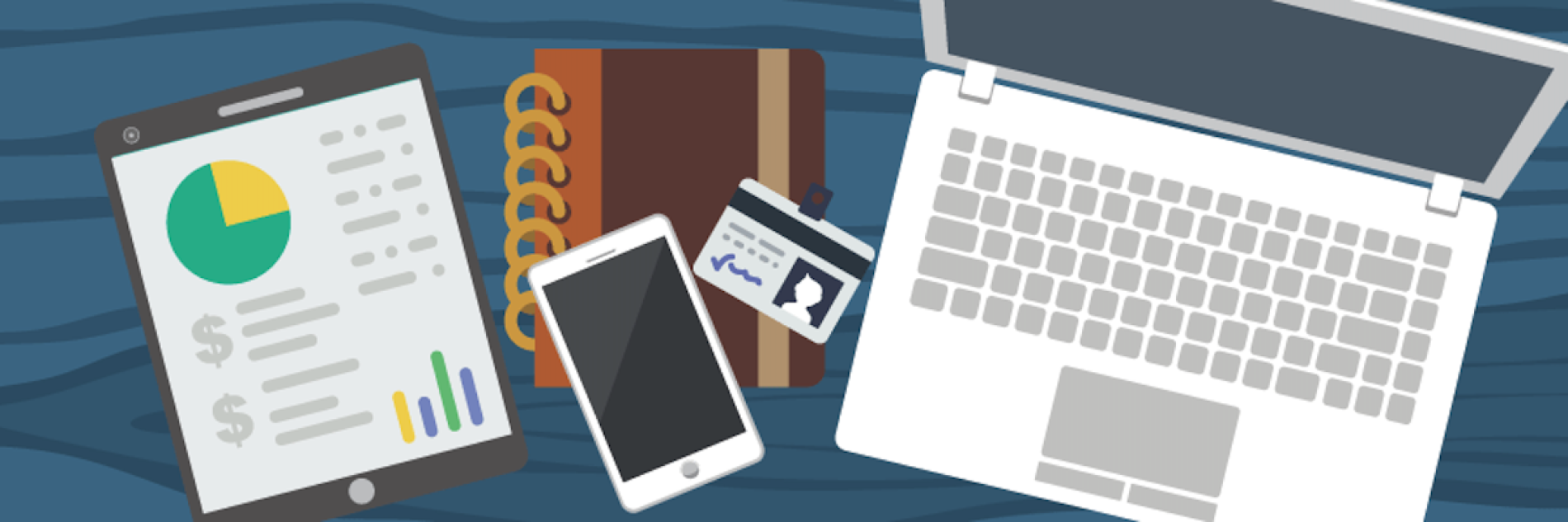 A laptop, notebook, tablet, smartphone and identity card