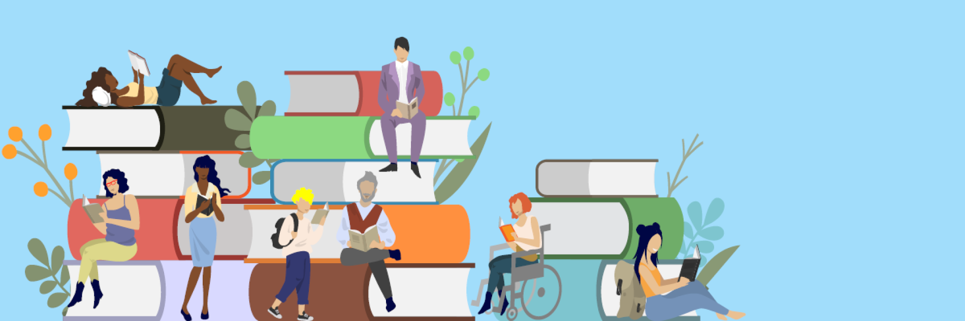 Illustration of an oversized pile of books with people sitting, lying and walking amongst them.