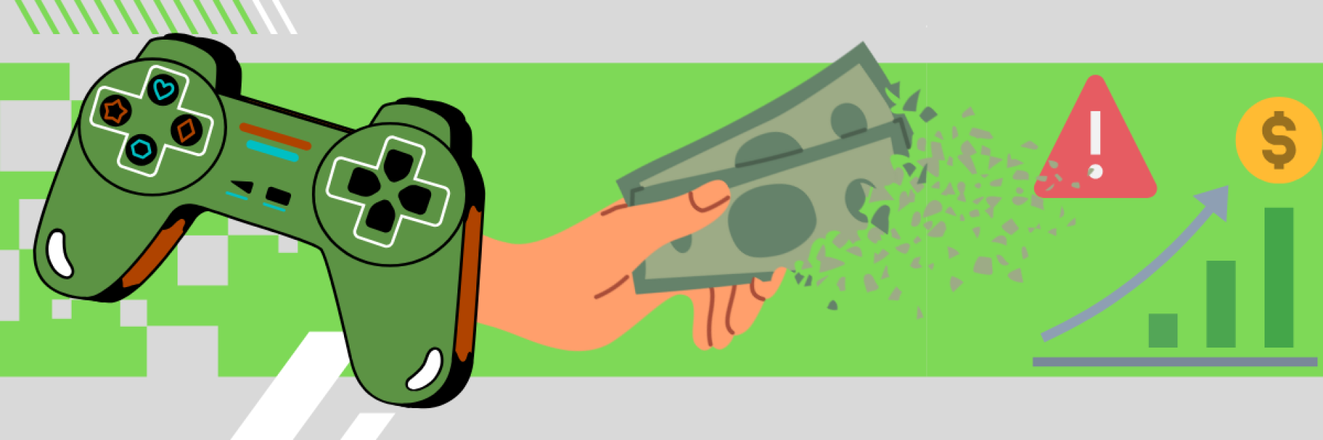 A controller followed by a hand full of faded money along with a danger sign and rising chart