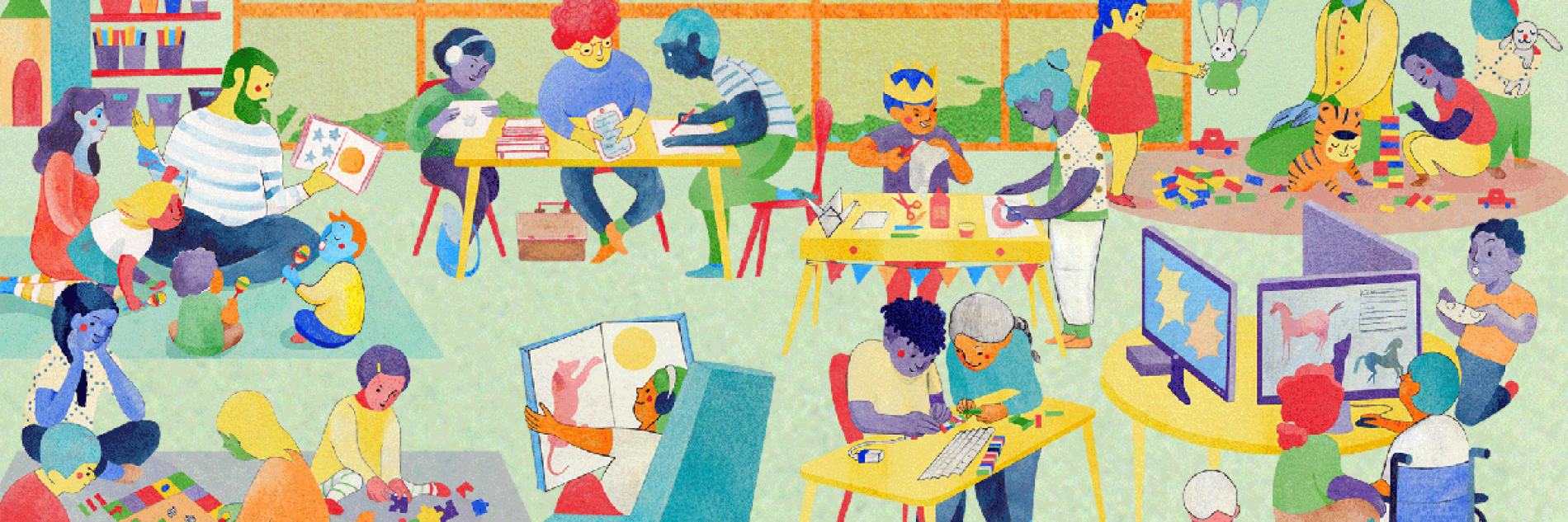 A watercolour illustration of kids and parents doing various activities in a library.