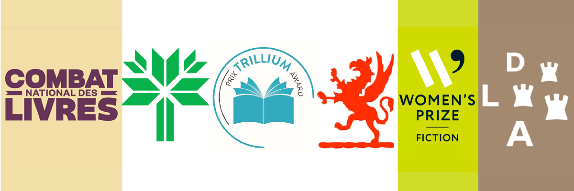 Logos of several major literary awards featured during spring literary prize season, including: Combat national des livres (Radio-Canada), the Women's Prize for Fiction, the Griffin Poetry Prize, the Shaughnessy Cohen Prize for Political Writing, the Forest of Reading Festival, the Trillium Book Award, and the Dublin Literary Award. 