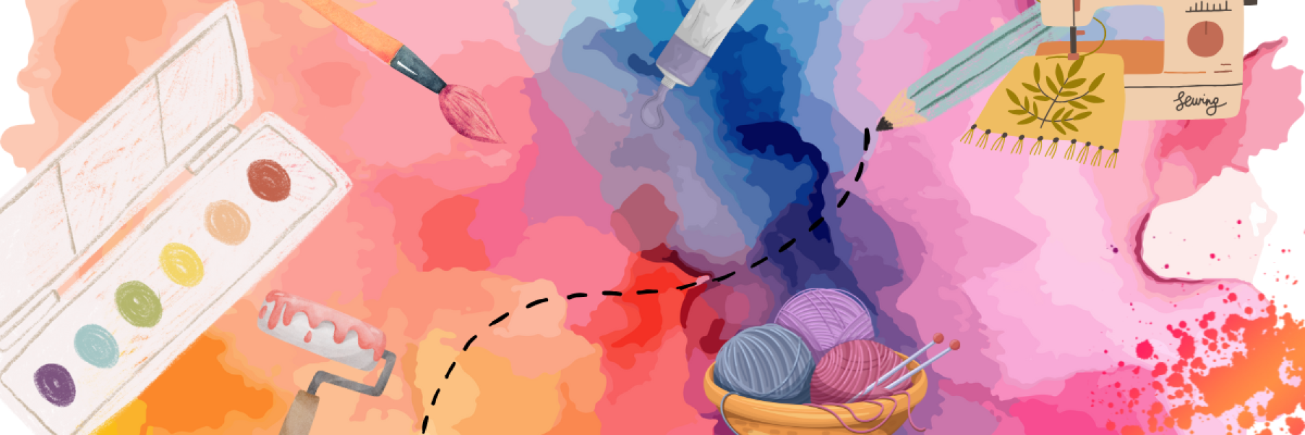 Paint pallet, needing yarn, sewing machine on a Watercolor Background
