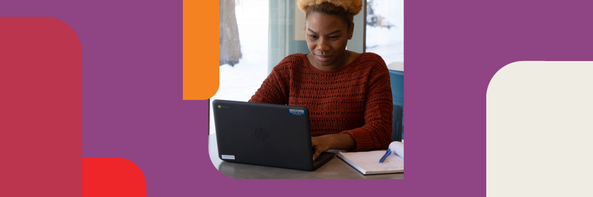 A person in a textured orange sweater types on a black HP Chromebook. They are sitting in a brightly lit indoor space with a snowy window in the background. The photo is framed by a modern graphic border featuring purple, orange, and red rounded shapes.