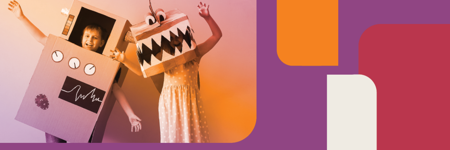 Two kids wearing cardboard costumes. 