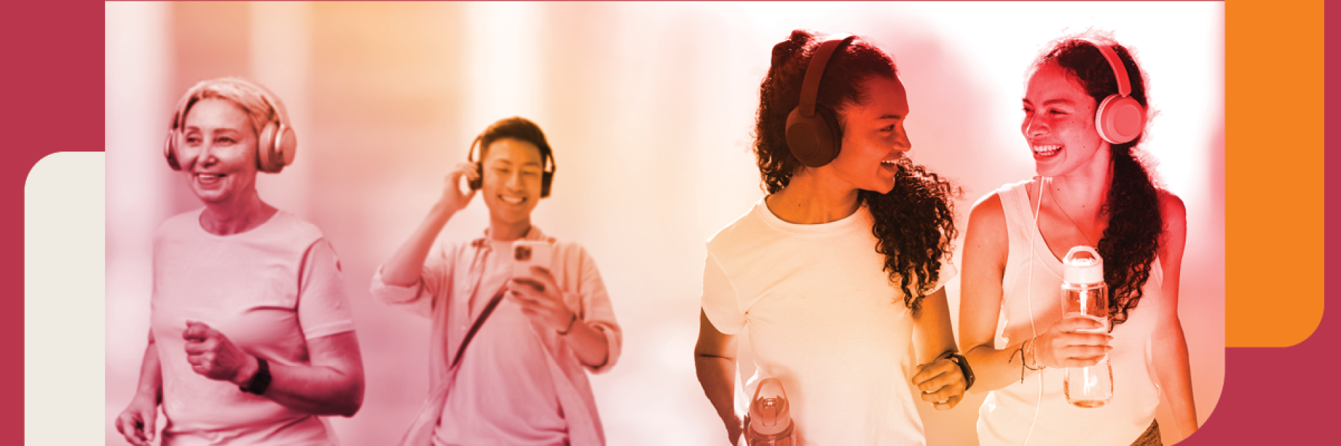 3 Women and a man walking with headphones. 