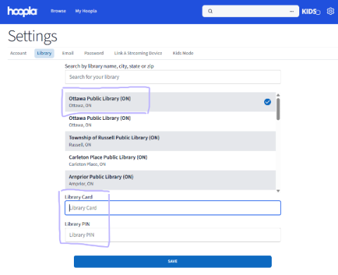 Screenshot of Hoopla settings page for updating a library card number.