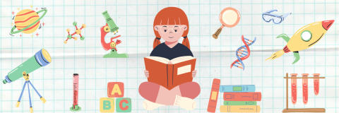 girl surrounded by science equipment