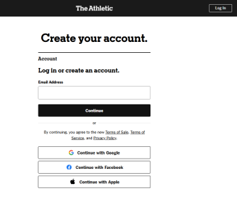Authentication page of The Athletic showing options for creating account or connecting via Google, Facebook or Apple